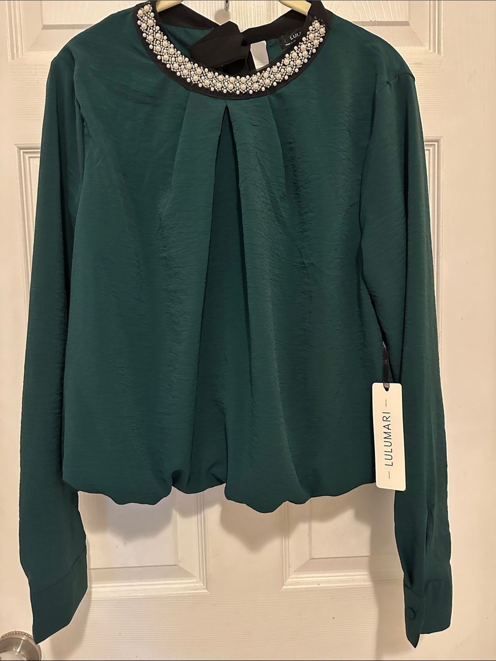 Lulumari Jewel-Neck Deep Green Long Sleeve Blouse